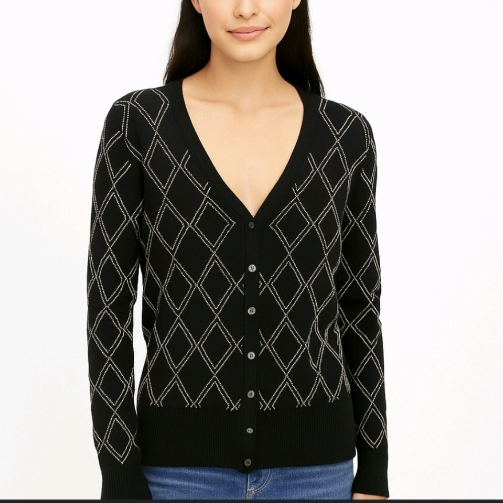 Brooks Brothers Sweater Black & White Argyle Stitch Cardigan Silk Blend …